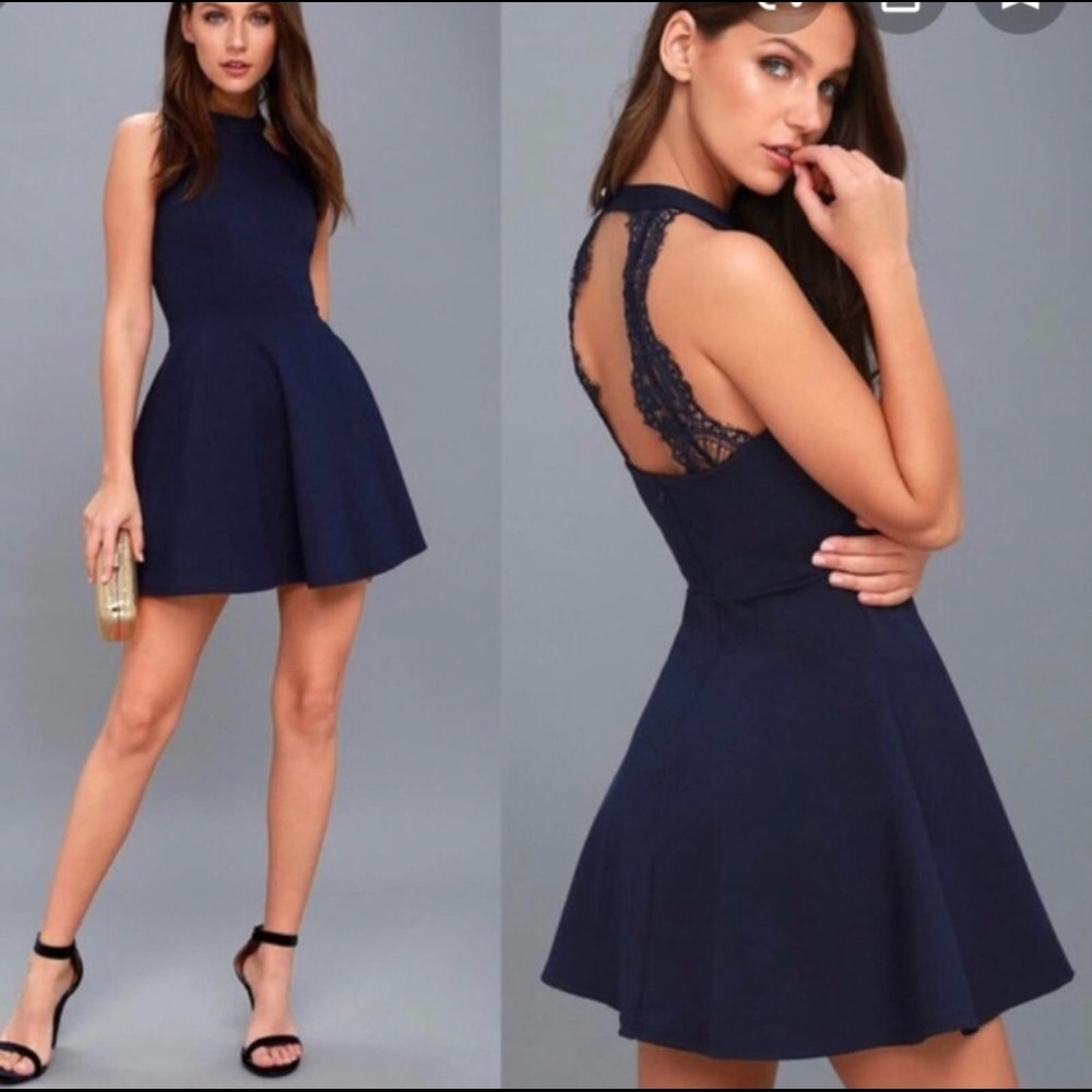 Lulu’s Dress Hometown Girl Size S Mini Skater Blue Lace Sleeveless Cutout